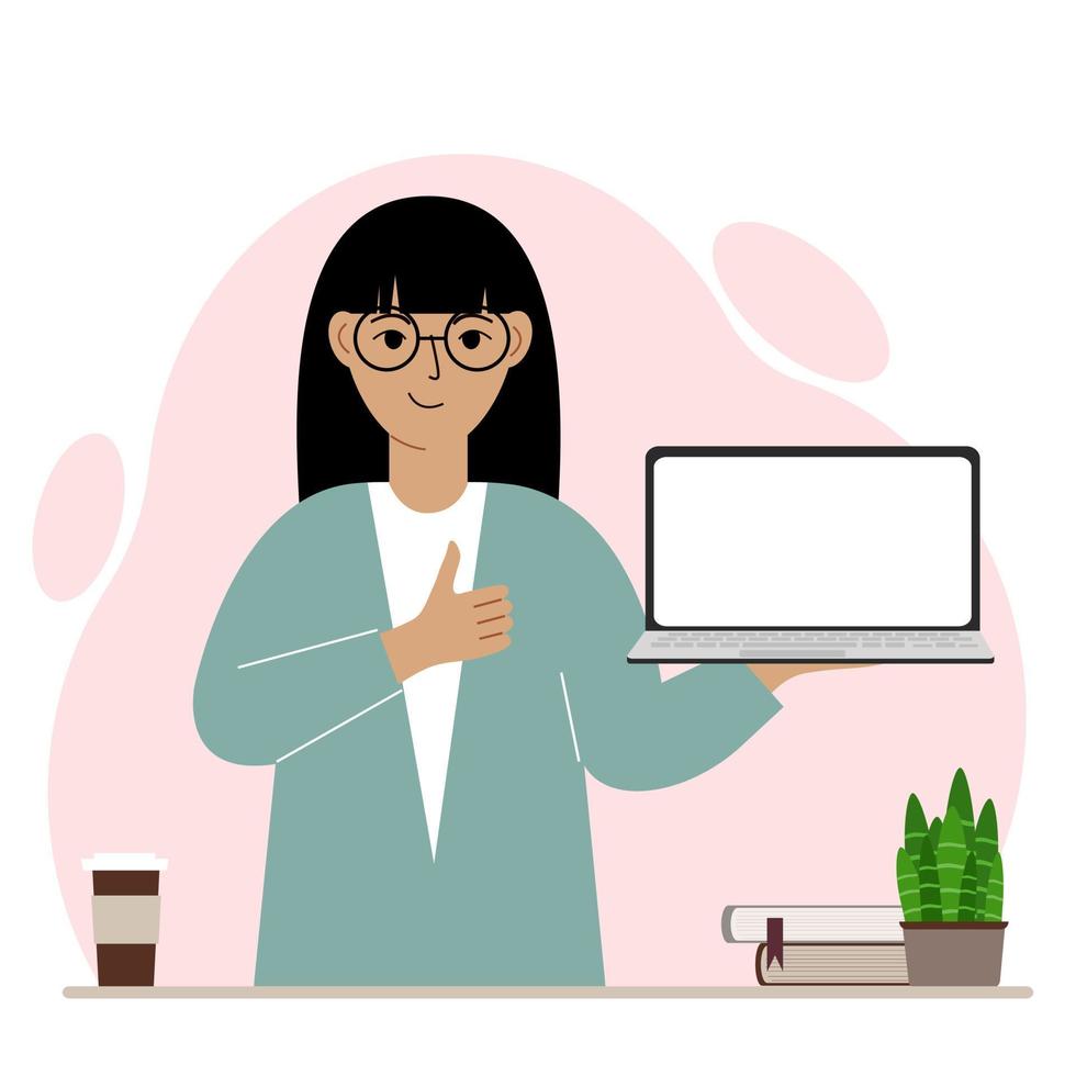 A woman holds a laptop computer on his hand and shows a thumbs up sign. Laptop computer technology concept. Vector flat illustration.