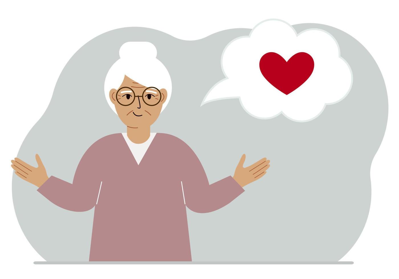 Happy grandmother thinks about love. In the balloon of thought is a red heart. Vector flat illustration