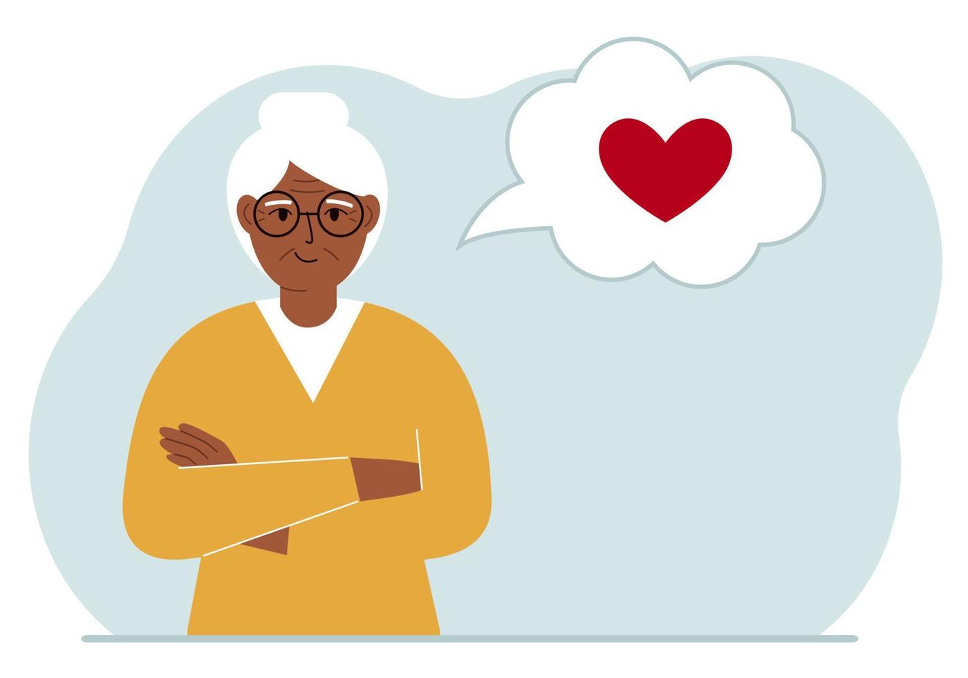 Happy grandmother thinks about love. In the balloon of thought is a red heart. Vector flat illustration