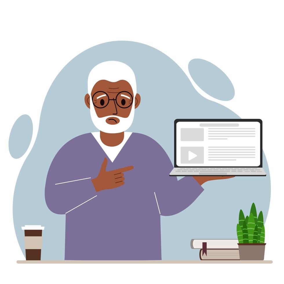 Sad grandfather holding a laptop computer with one hand and pointing at it with the other. Laptop computer technology concept. Vector flat illustration