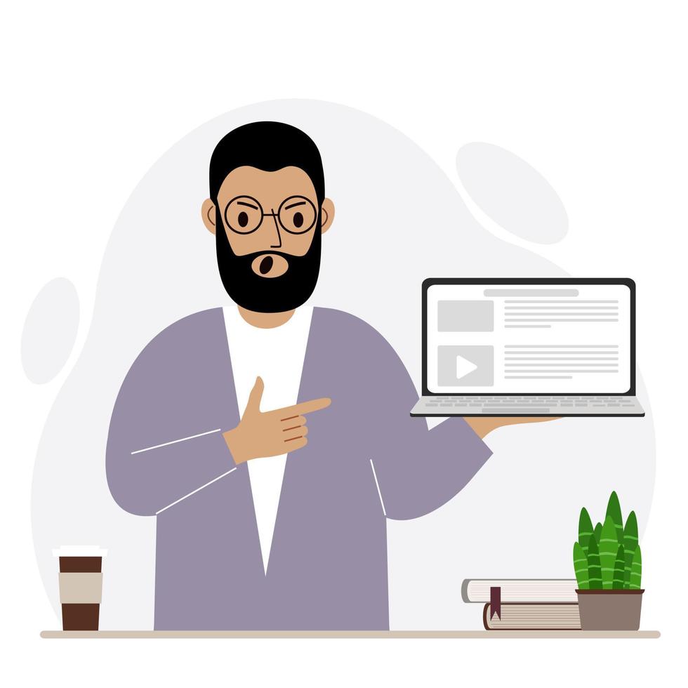 Screaming man holding a laptop computer with one hand and pointing at it with the other. Laptop computer technology concept. Vector flat illustration