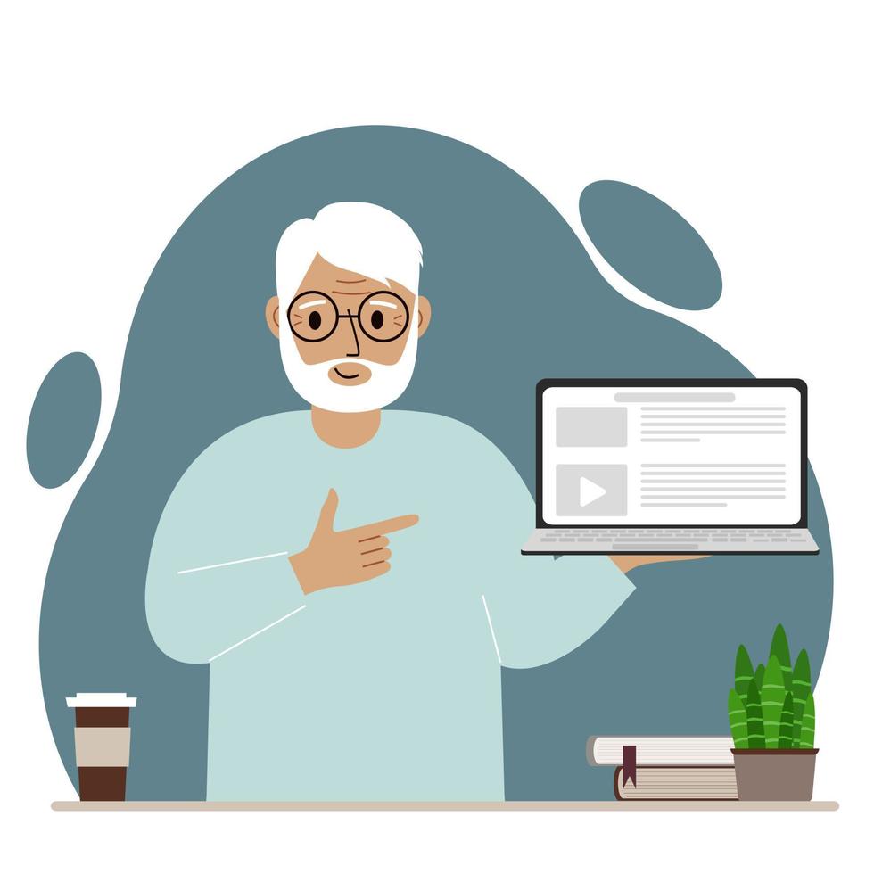 Happy grandfather holding a laptop computer with one hand and pointing at it with the other. Laptop computer technology concept. Vector flat illustration