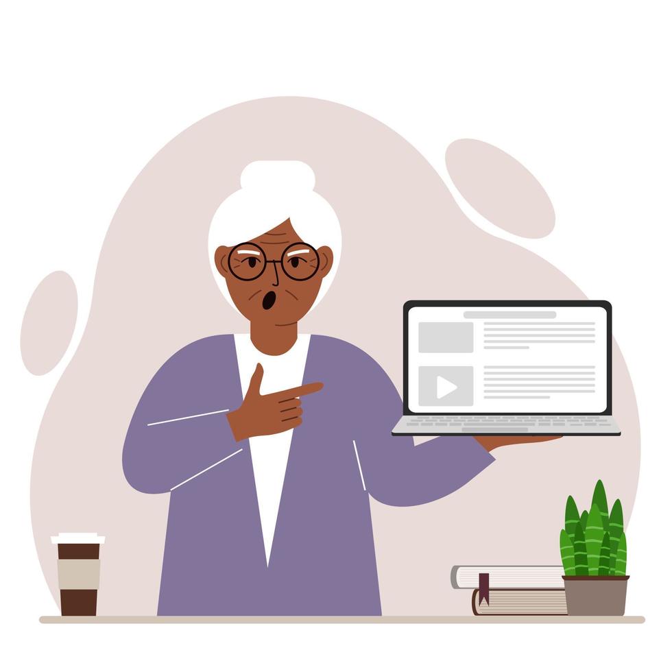 Screaming grandmother holding a laptop computer with one hand and pointing at it with the other. Laptop computer technology concept. Vector flat illustration