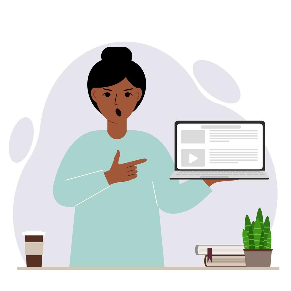 Screaming woman holding a laptop computer with one hand and pointing at it with the other. Laptop computer technology concept. Vector flat illustration