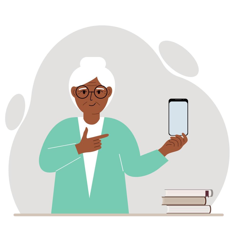 A happy grandmother holds a mobile phone in one hand and points at it with the index finger of his other hand. Vector flat illustration