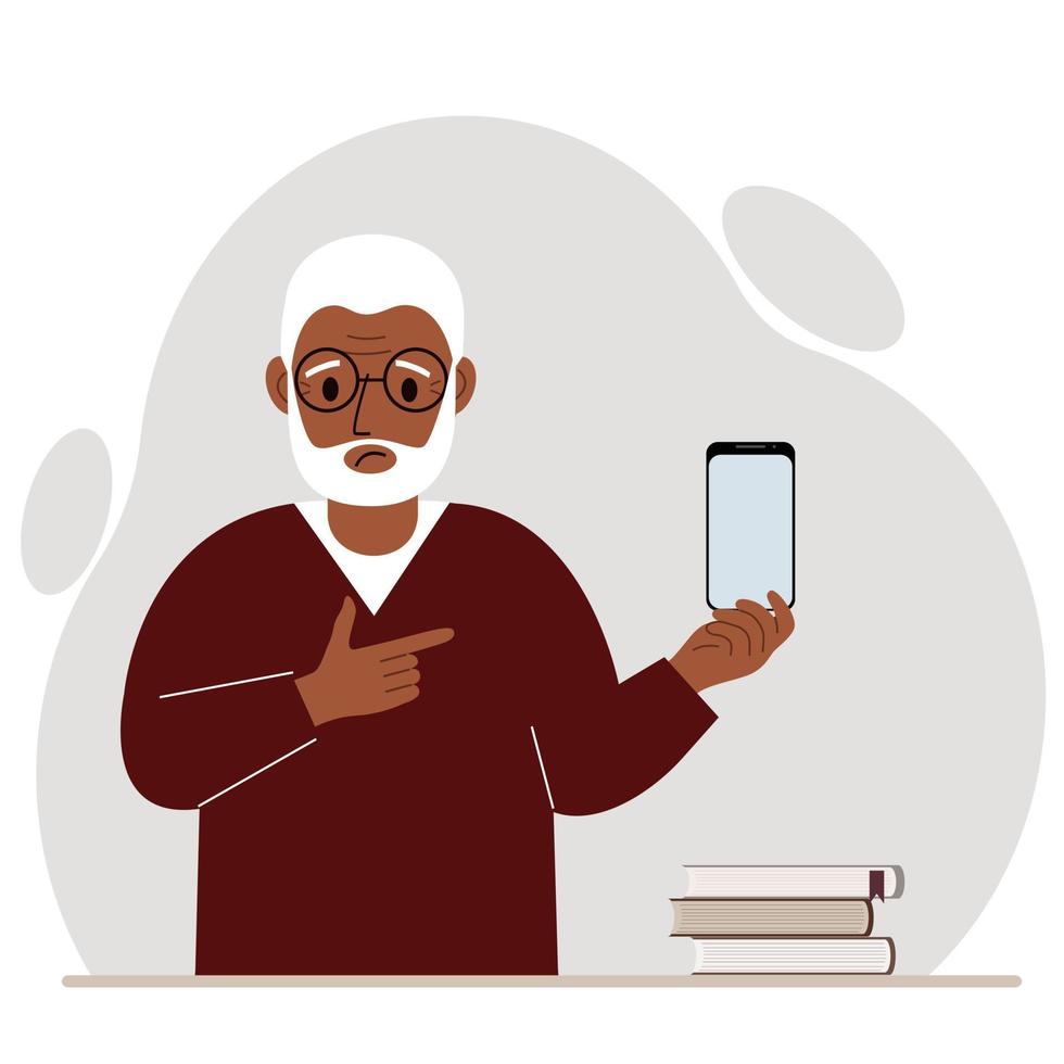 A happy grandfather holds a mobile phone in one hand and points at it with the index finger of his other hand. Vector flat illustration