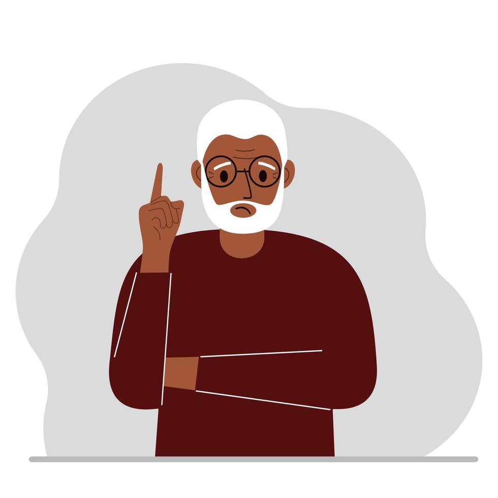 Sad grandfather holding his index finger up. Vector flat illustration