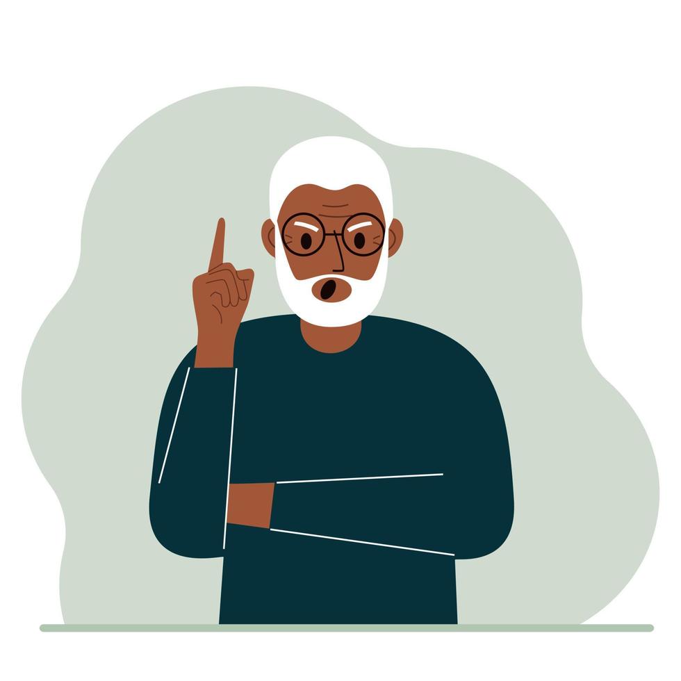 Screaming grandfather holding his index finger up. Vector flat illustration