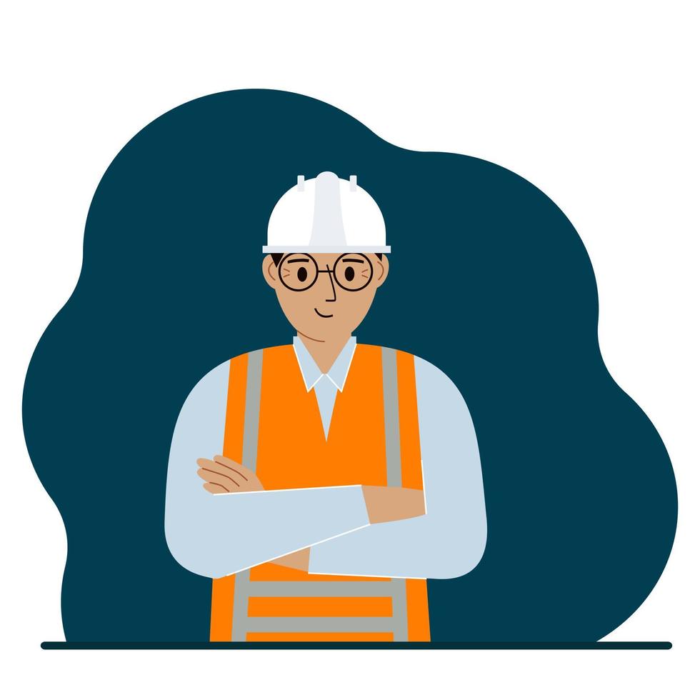 Smiling man construction worker in a white helmet and an orange vest. Vector flat illustration