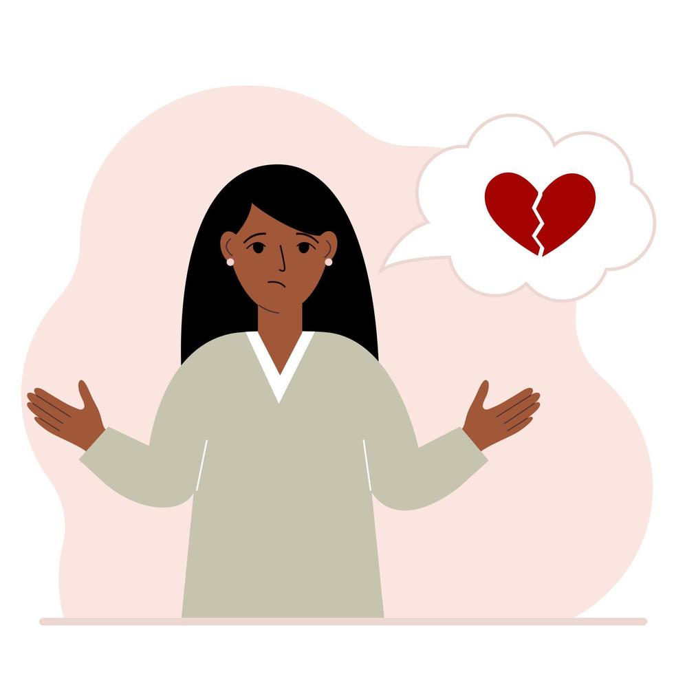 Sad woman thinks about love. In a balloon of thought, a red broken heart. The concept of parting and not shared love. Vector flat illustration