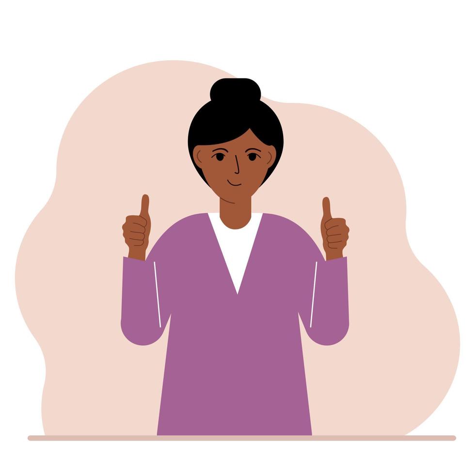 Joyful woman, with two hands shows a thumbs up sign everything is okay. Make, consent, approval, success. Vector flat illustration