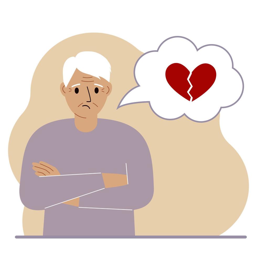 Sad grandfather thinks about love. In a balloon of thought, a red broken heart. The concept of parting and not shared love. Vector flat illustration