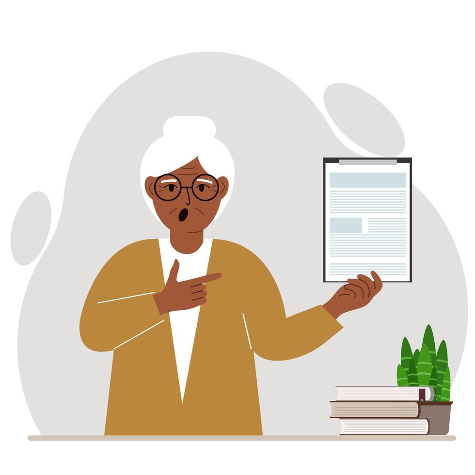 Screaming grandmother with open mouth holding a clipboard with a document and points his finger at it. Vector flat illustration