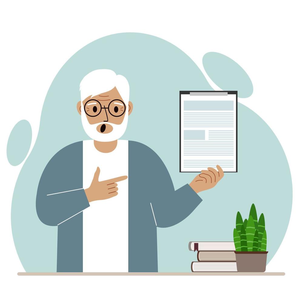 Screaming grandfather with open mouth holding a clipboard with a document and points his finger at it. Vector flat illustration