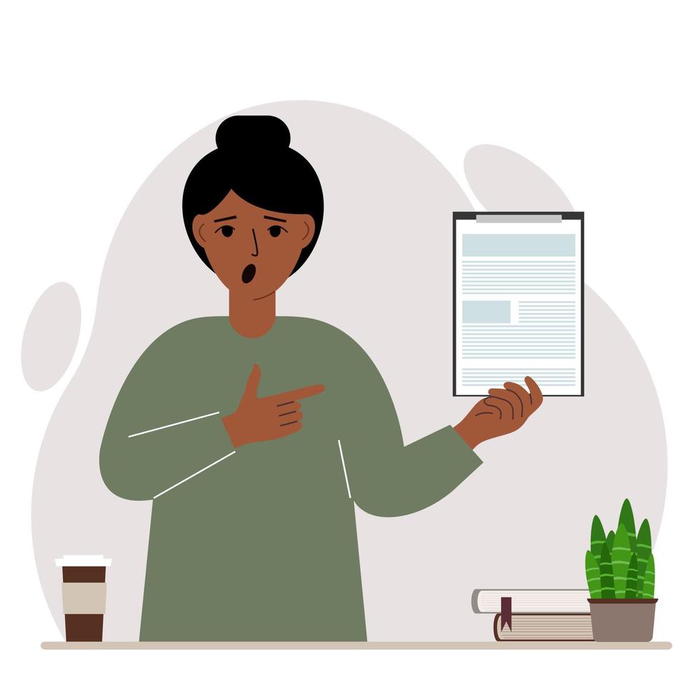 Screaming woman with open mouth holding a clipboard with a document and points his finger at it. Vector flat illustration