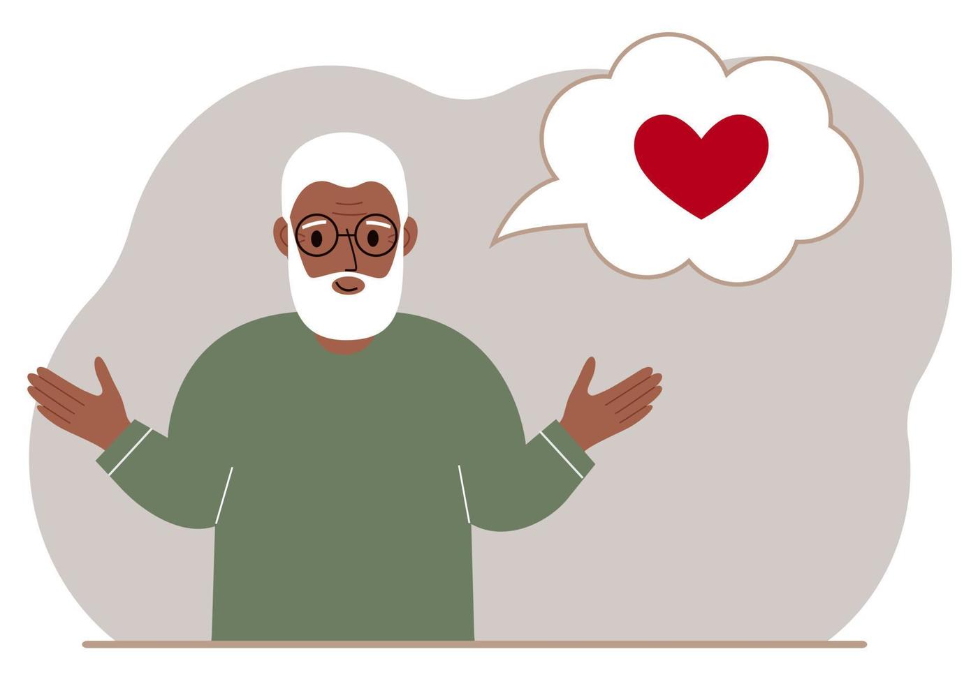 el abuelo feliz piensa en el amor. en el globo del pensamiento hay un corazón rojo. ilustración plana vectorial vector
