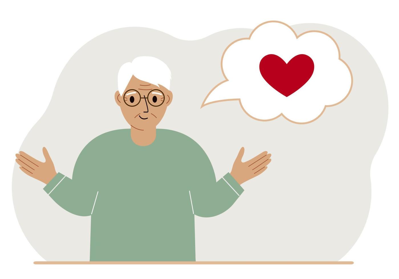 Happy grandfather thinks about love. In the balloon of thought is a red heart. Vector flat illustration