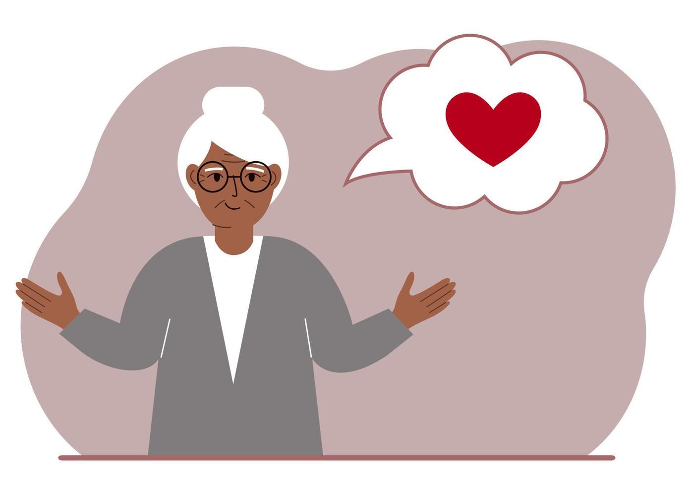 Happy grandmother thinks about love. In the balloon of thought is a red heart. Vector flat illustration