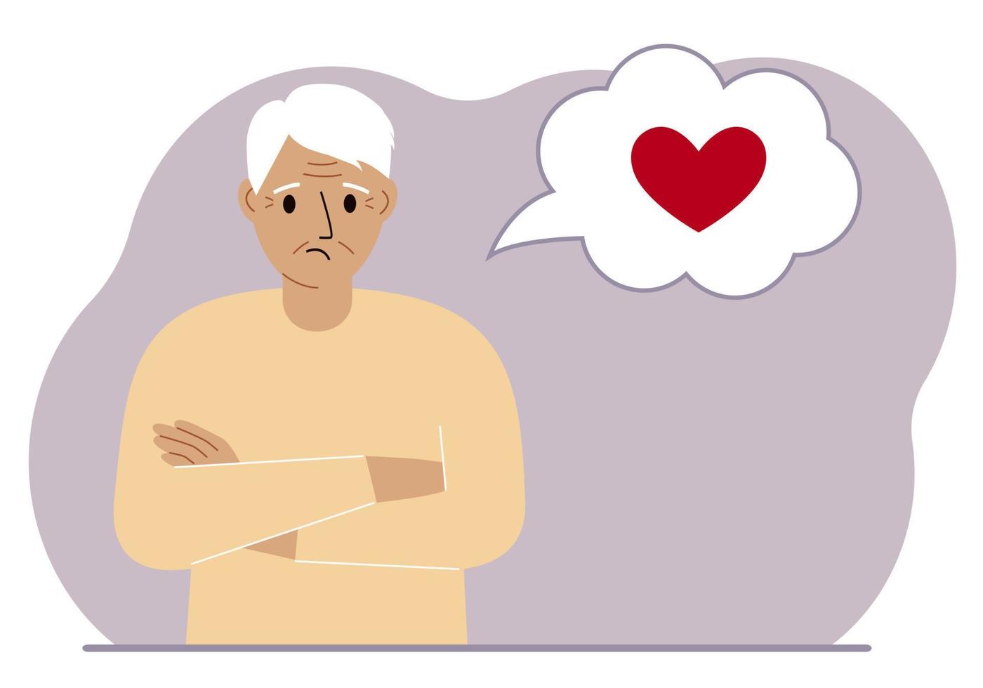Sad grandfather thinks about love. In the balloon of thought is a red heart. Vector flat illustration