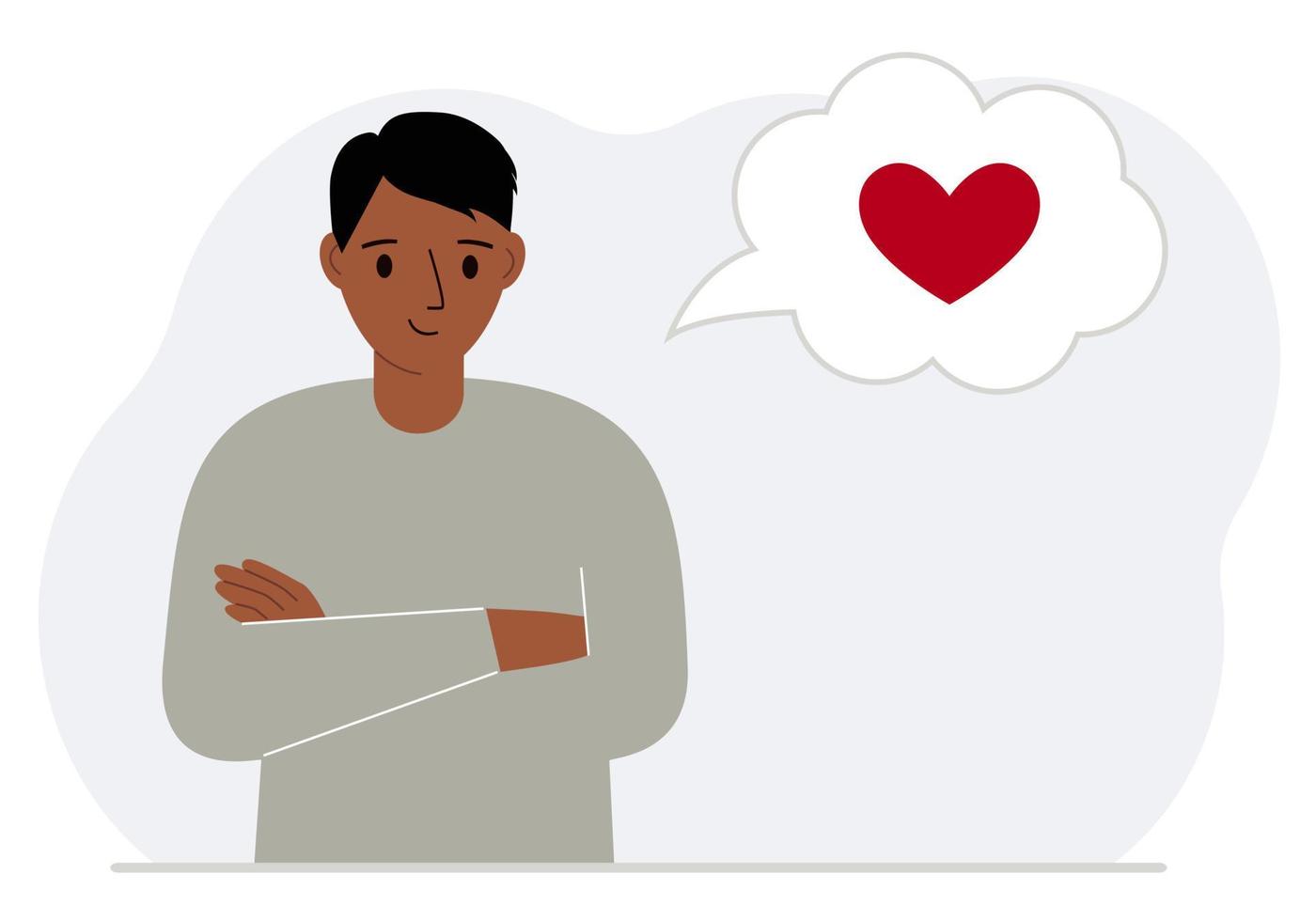 Happy man thinks about love. In the balloon of thought is a red heart. Vector flat illustration