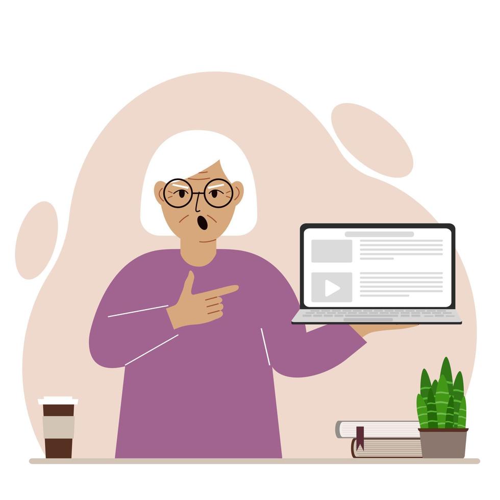 abuela gritando sosteniendo una computadora portátil con una mano y señalándola con la otra. concepto de tecnología de computadora portátil. ilustración plana vectorial vector