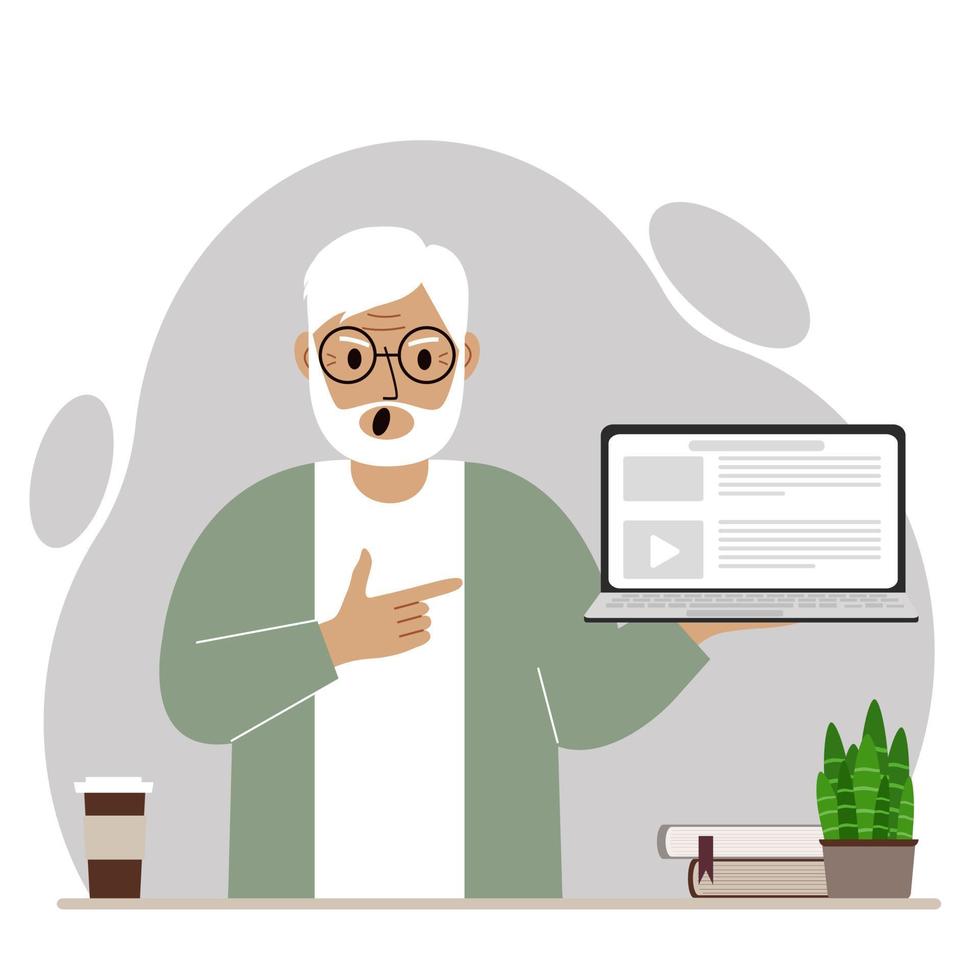 abuelo gritando sosteniendo una computadora portátil con una mano y señalándola con la otra. concepto de tecnología de computadora portátil. ilustración plana vectorial vector