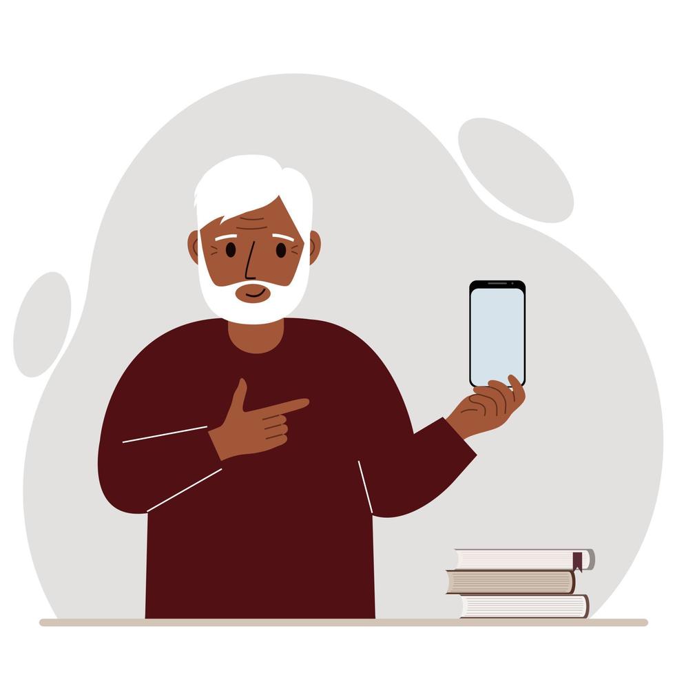 A sad grandfather holds a mobile phone in one hand and points at it with the index finger of his other hand. Vector flat illustration