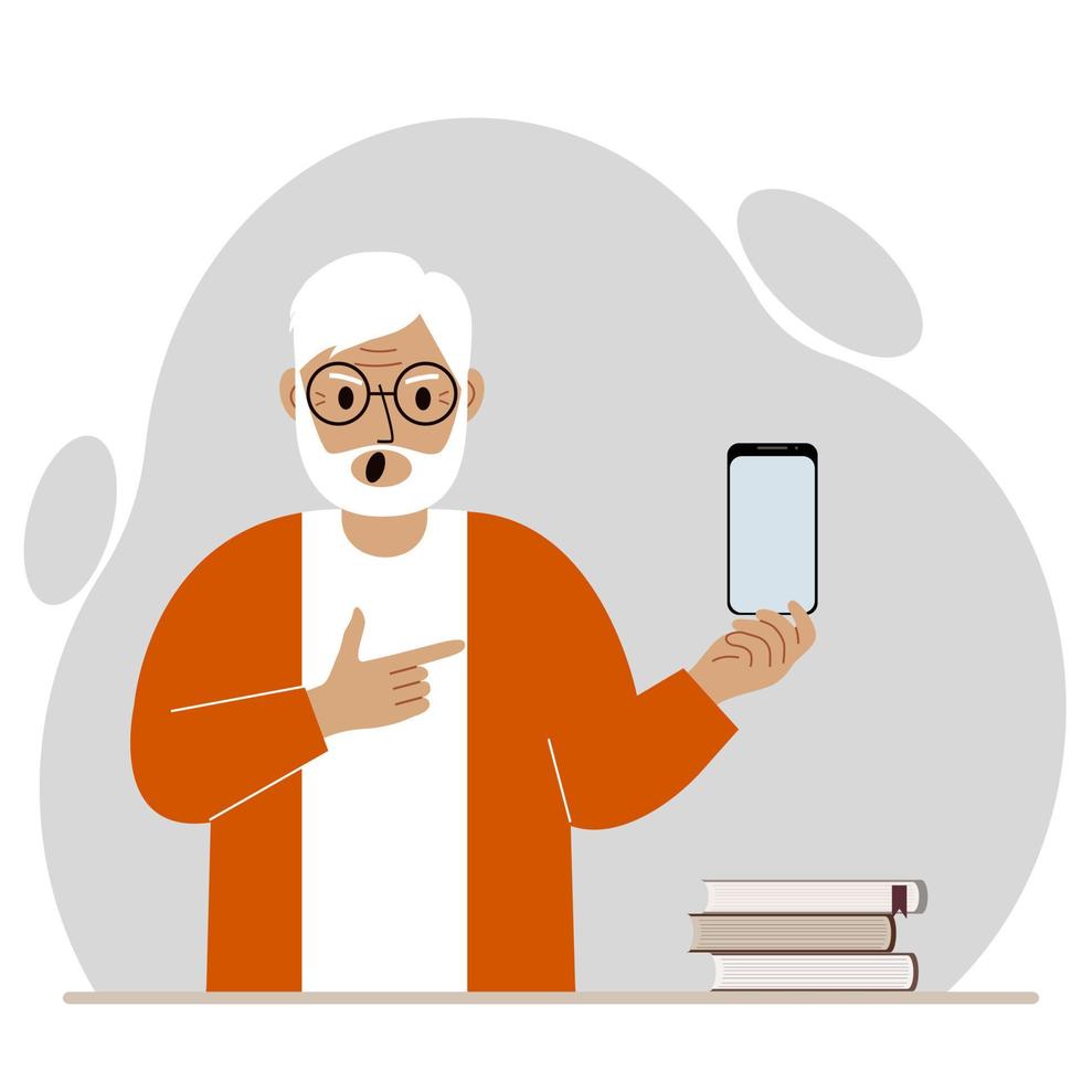 A screaming grandfather holds a mobile phone in one hand and points at it with the index finger of his other hand. Vector flat illustration