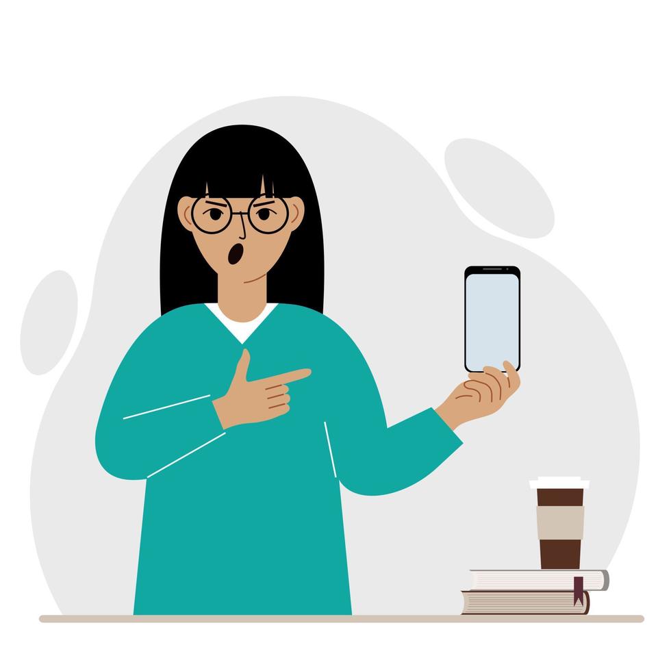 A screaming woman holds a mobile phone in one hand and points at it with the index finger of his other hand. Vector flat illustration