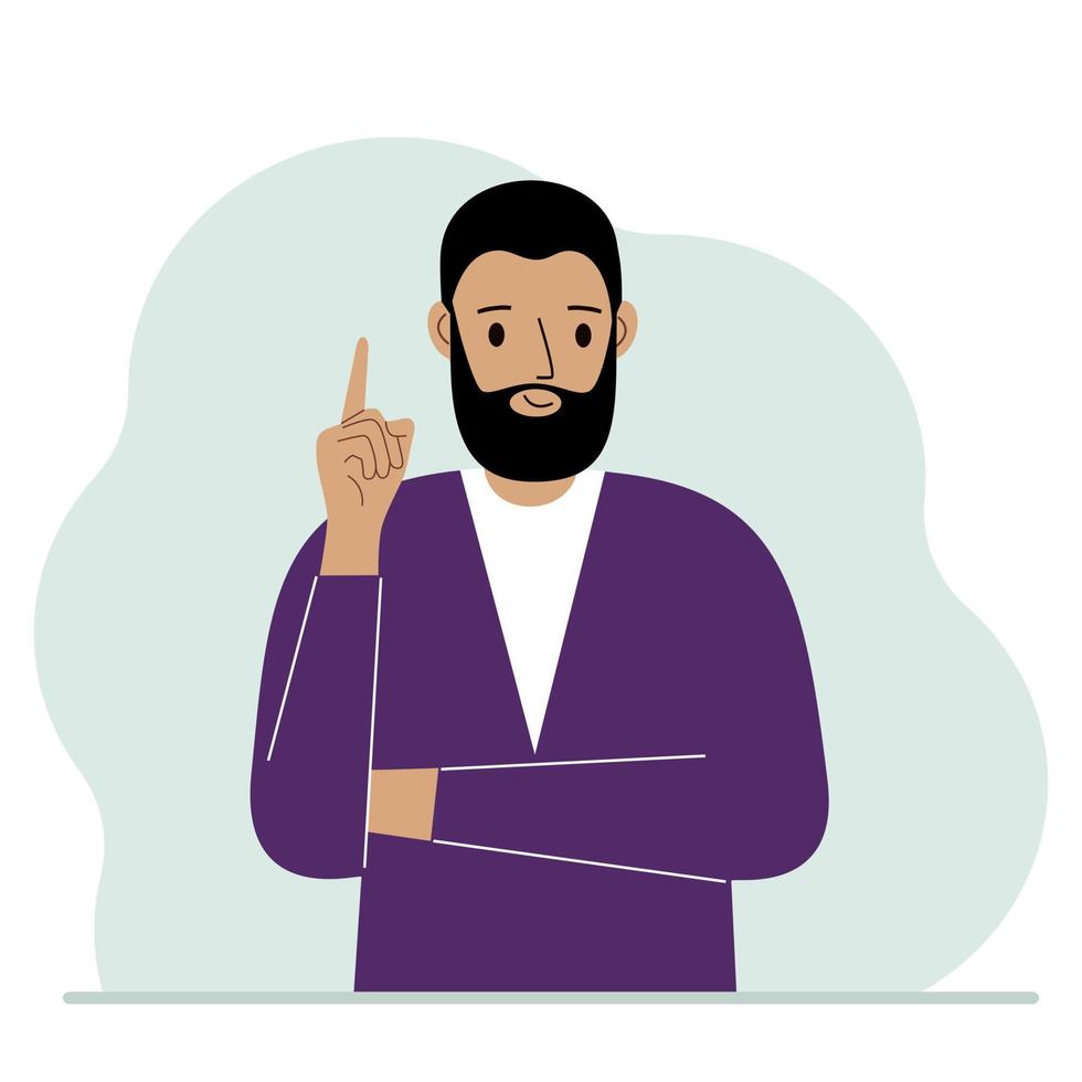 Happy man holding his index finger up. Vector flat illustration