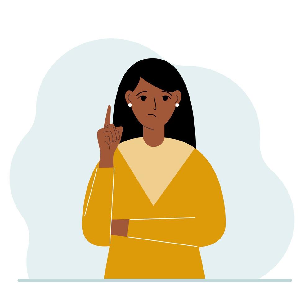 Sad woman holding his index finger up. Vector flat illustration
