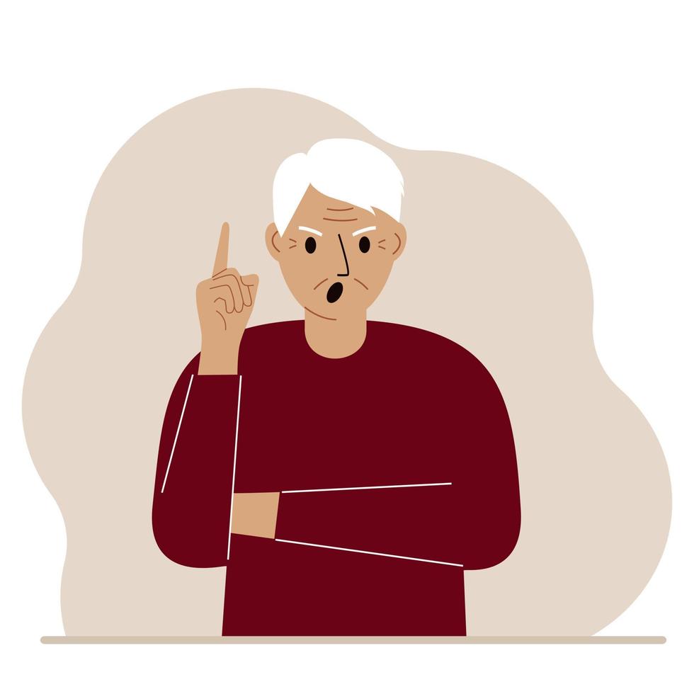 abuelo gritando levantando su dedo índice. ilustración plana vectorial vector