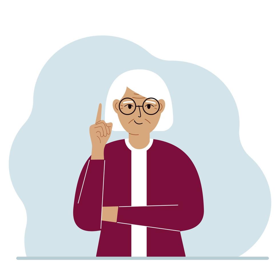 Happy grandfather holding his index finger up. Vector flat illustration