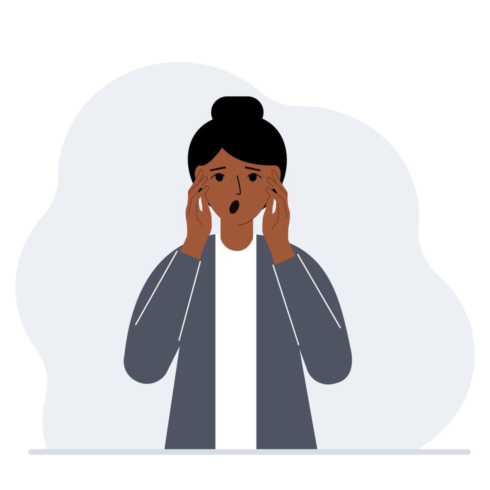 The unhappy woman screams, clutching his head with his hands. Emotions and body language concept. Stress, tension and migraine concept. Vector flat illustration