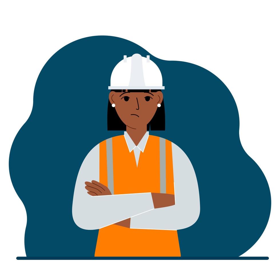 mujer triste trabajadora de la construcción con casco blanco y chaleco naranja. ingeniero. ilustración plana vectorial vector