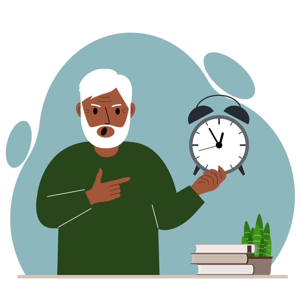 Modern concept of time management illustration. A screaming grandfather holds an alarm clock in his hand and the second points to it. Vector flat illustration