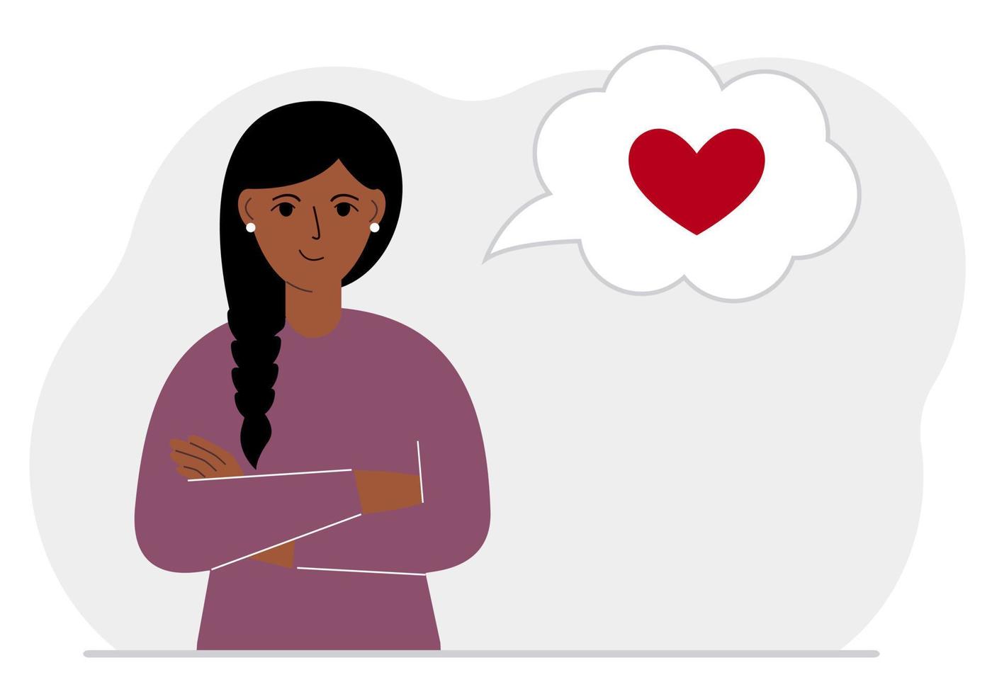 Happy woman thinks about love. In the balloon of thought is a red heart. Vector flat illustration