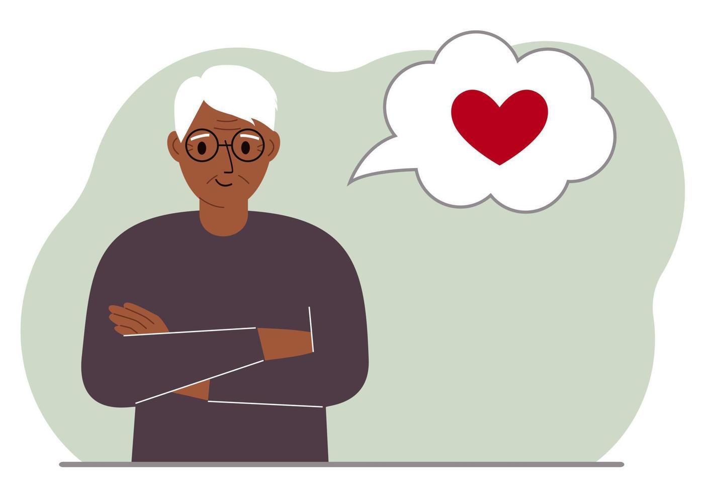 Happy grandfather thinks about love. In the balloon of thought is a red heart. Vector flat illustration