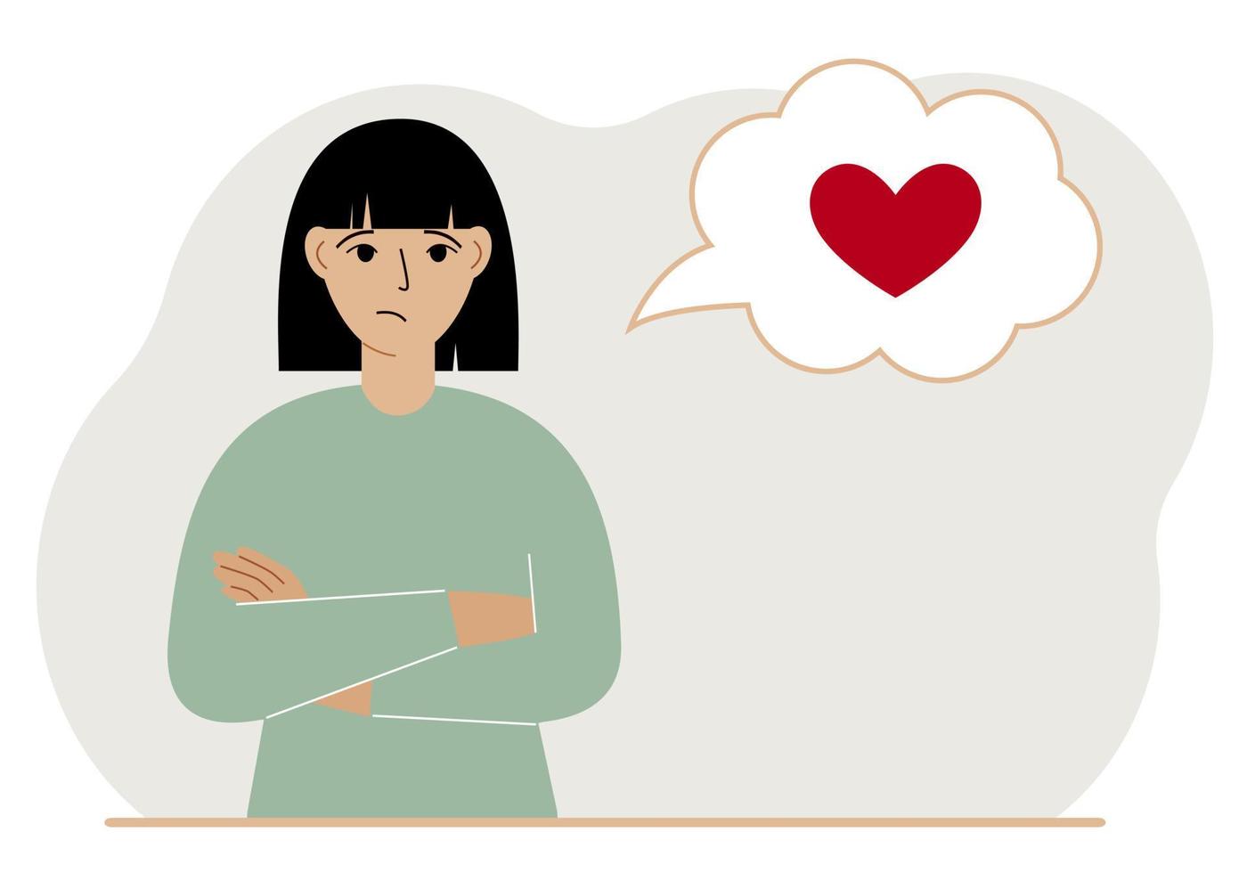 Sad woman thinks about love. In the balloon of thought is a red heart. Vector flat illustration