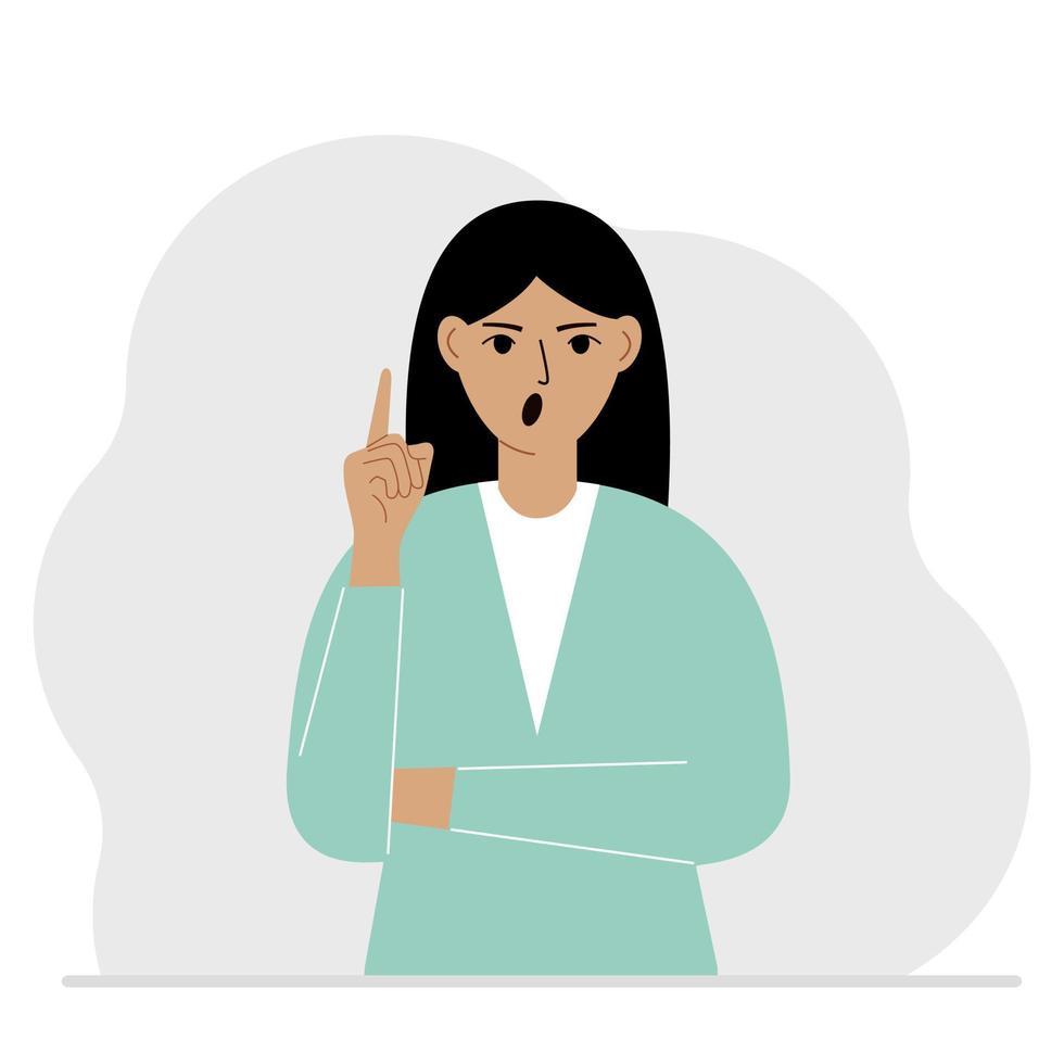 Screaming woman holding his index finger up. Vector flat illustration