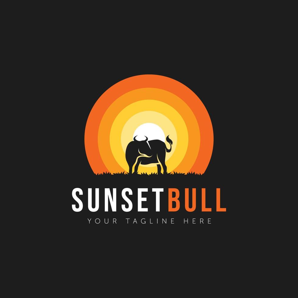 silhouette bull sunset in negative space logo vector