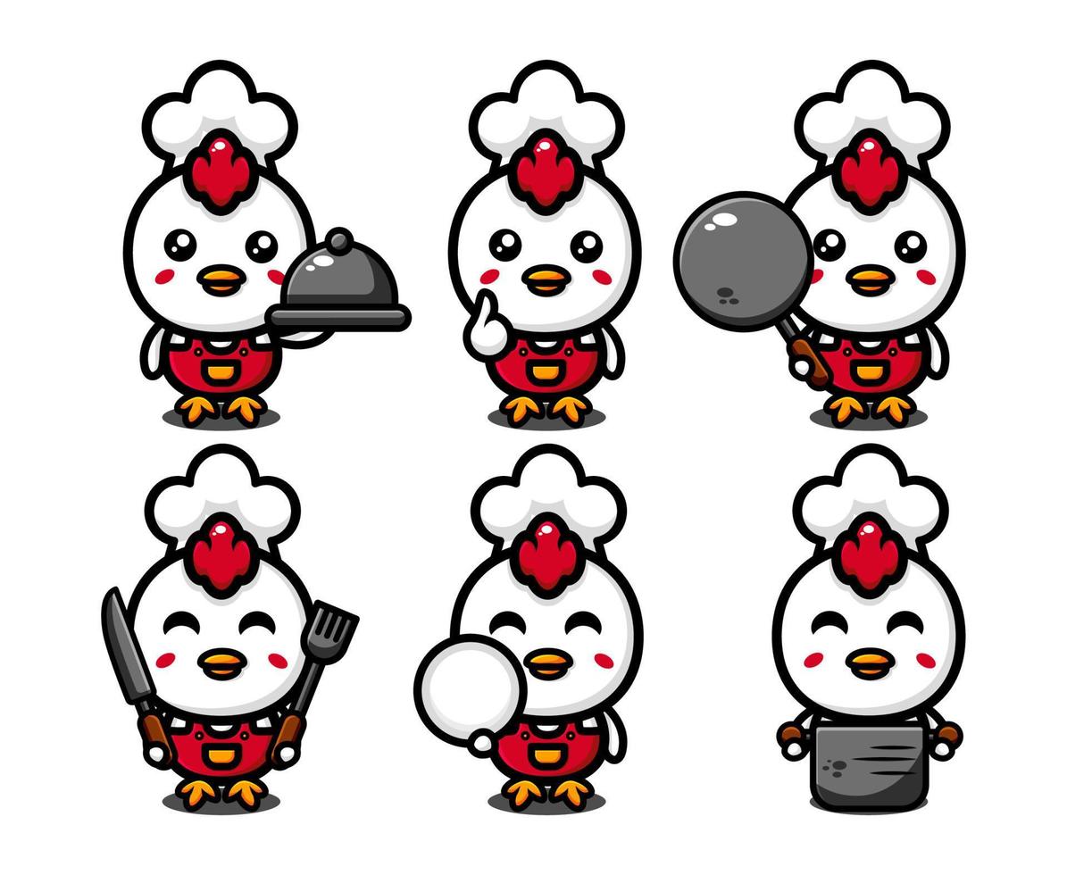 cute chicken chef character design set with cooking equipment vector