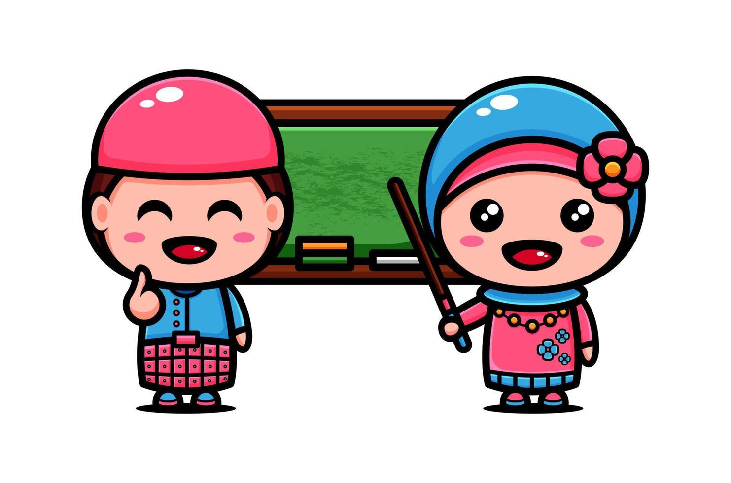 Cute muslim couple character design themed study together with board. Islamic character cartoon vector