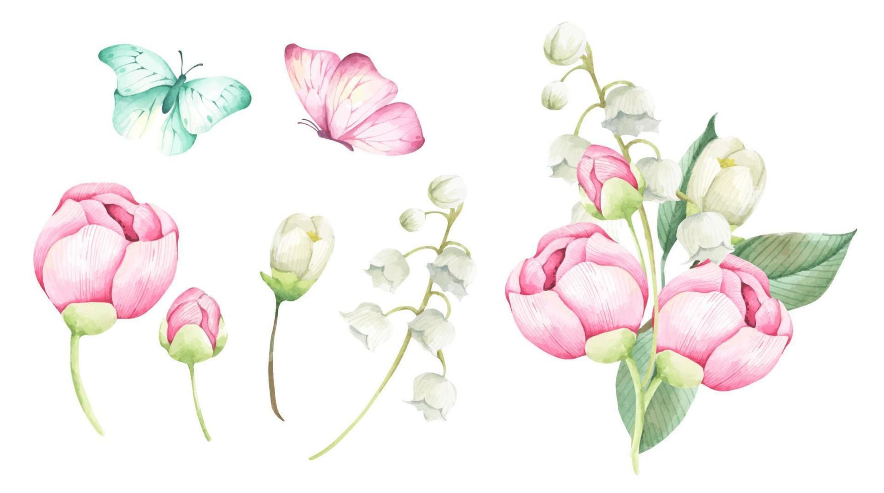 Floral bunches. Watercolor style wedding bouquets. vector