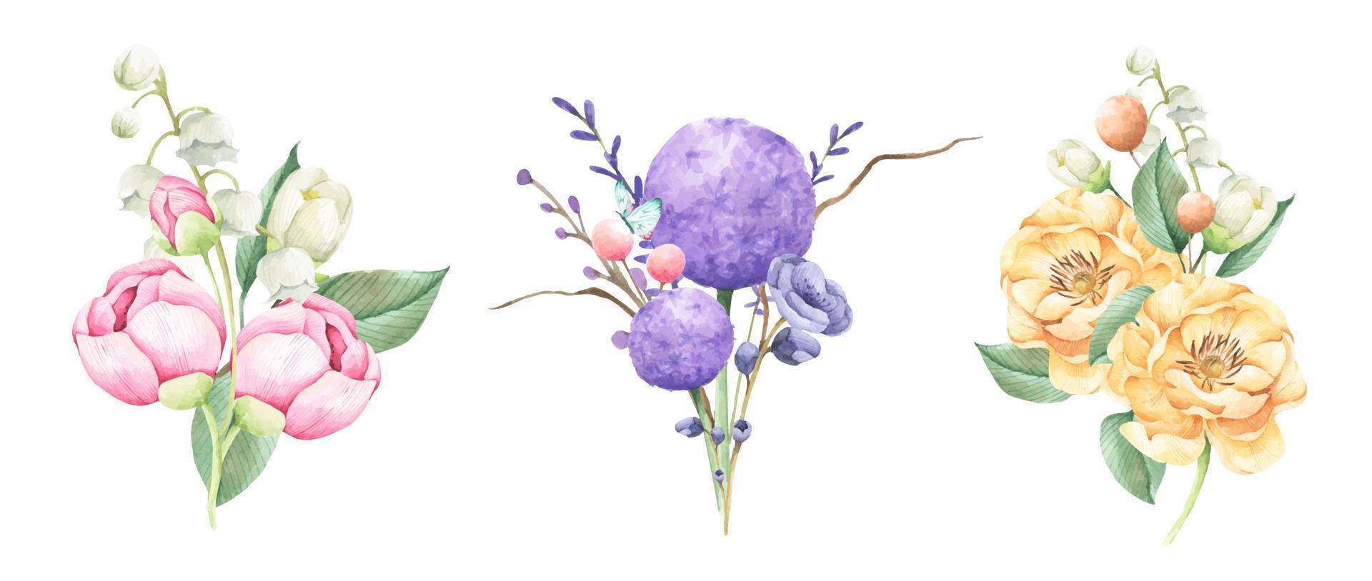 Floral bunches. Watercolor style wedding bouquets. vector