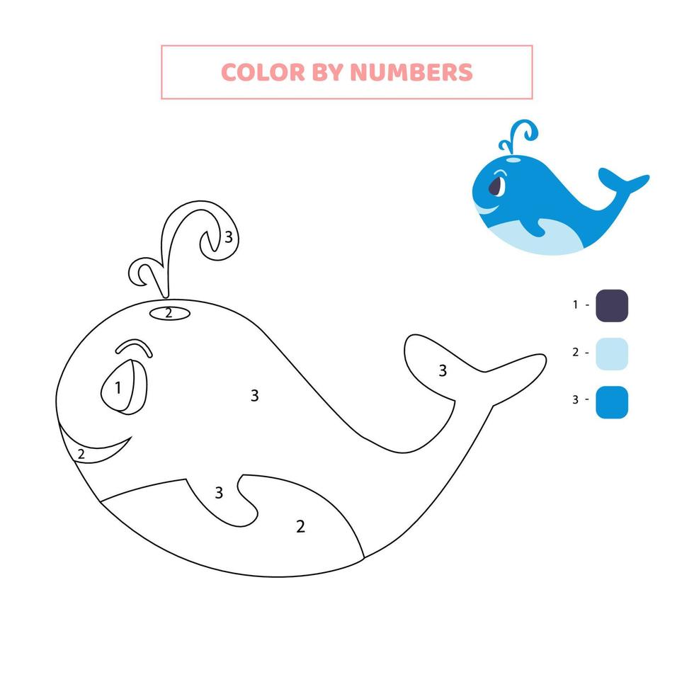 Color cute whale by numbers. Game for kids. vector