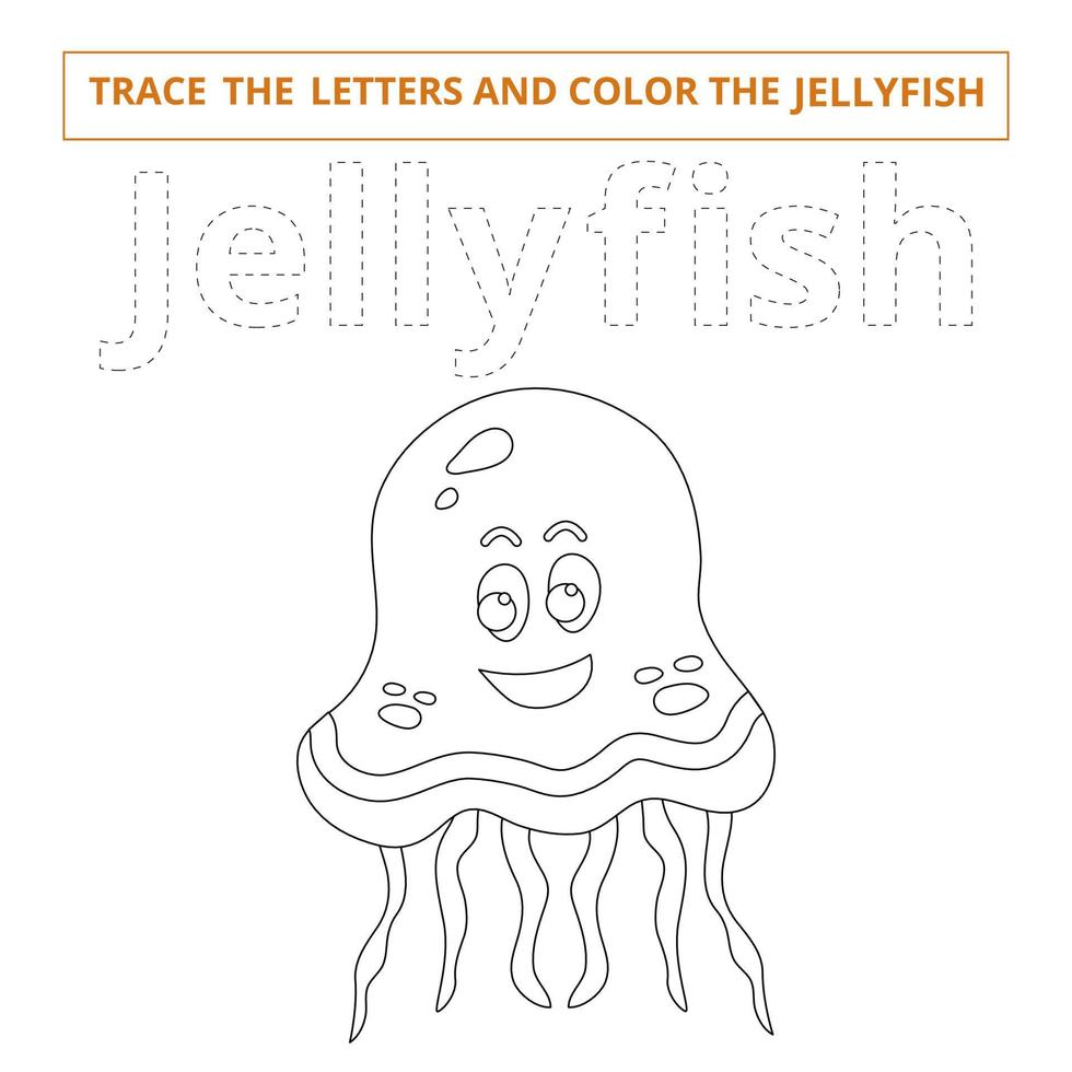 Traza las letras y colorea las medusas. Juego para niños. vector