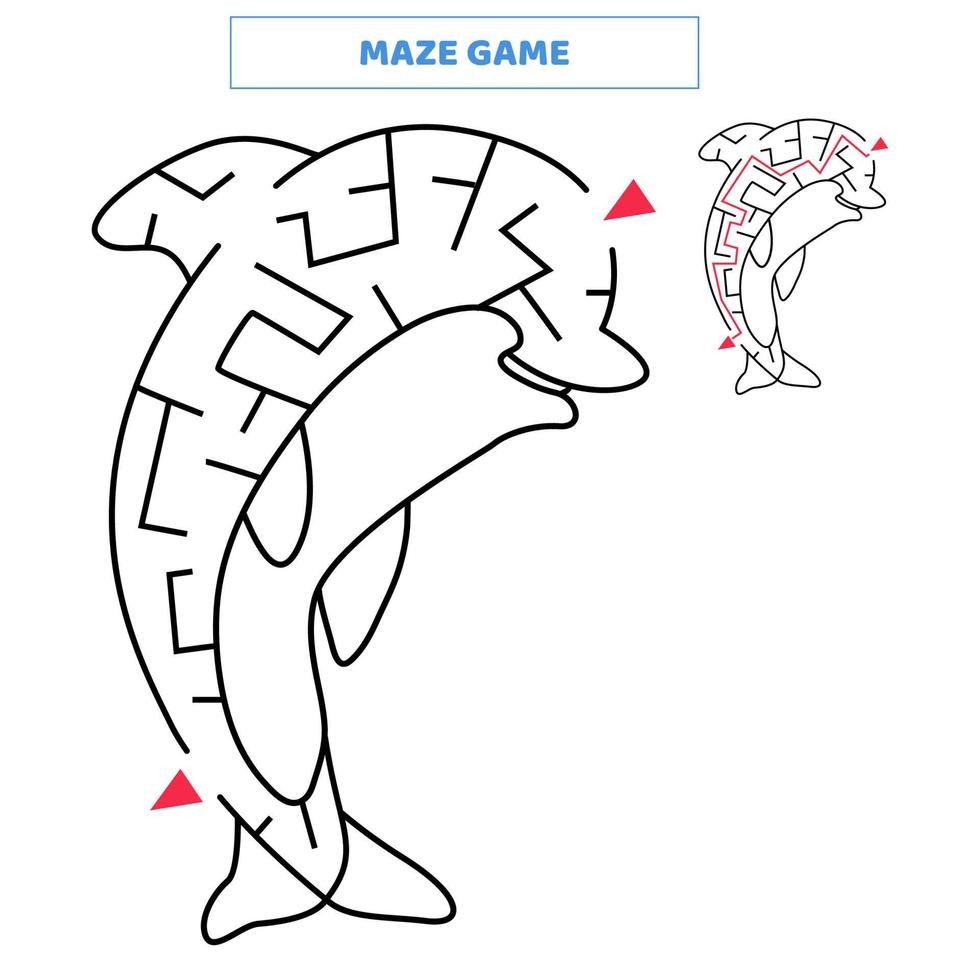 Maze game for kids with dolphin. vector
