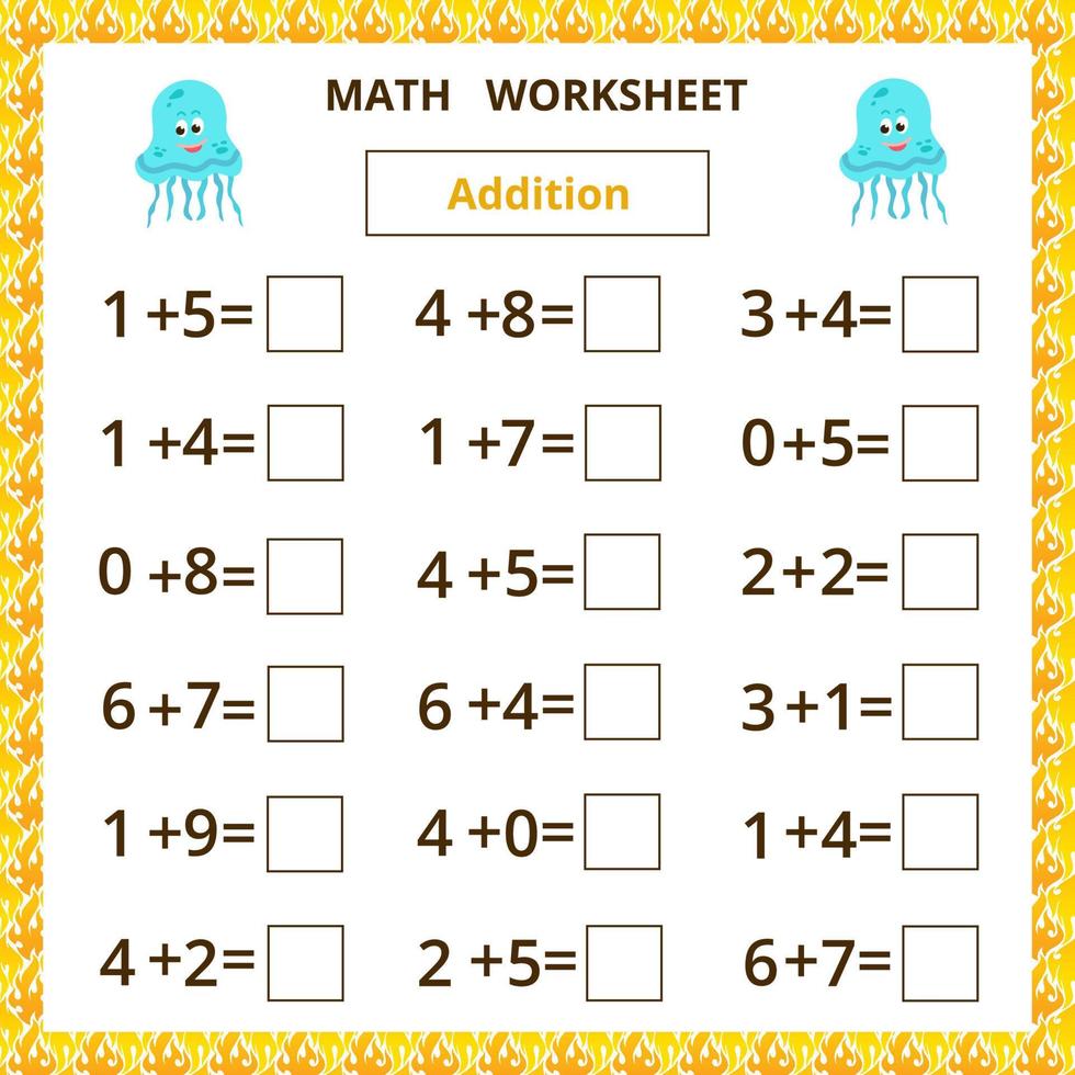 Math worksheet for kids.Addition vector