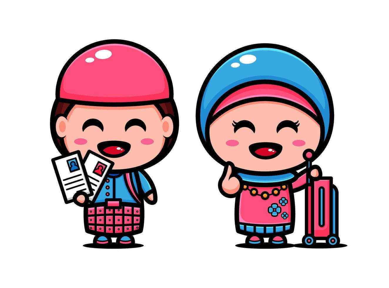 Cute muslim couple character design themed time to holidays. Islamic character cartoon vector